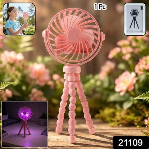 Portable Rechargeable LED Light Fan with Flexible Tripod Stand – Adjustable 3 Speed Personal Cooling Fan for Desk, Travel, Outdoor and Kids Use (1 Piece