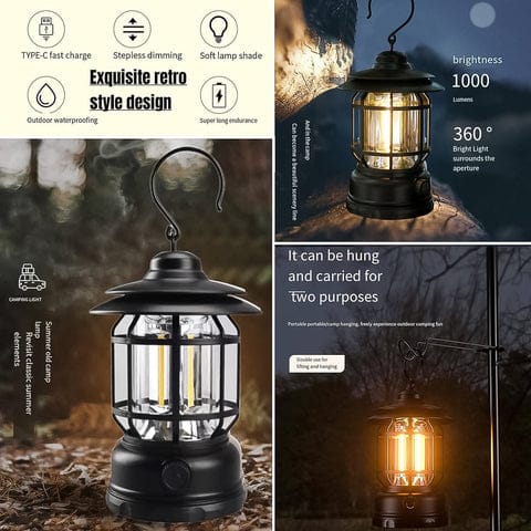 LED Camping Lante Light Retro Style Lighting Battery Type-c Rechargeable Dimmable Tent Lamp Outdoor Portable Waterproof Flashlight Lanterns