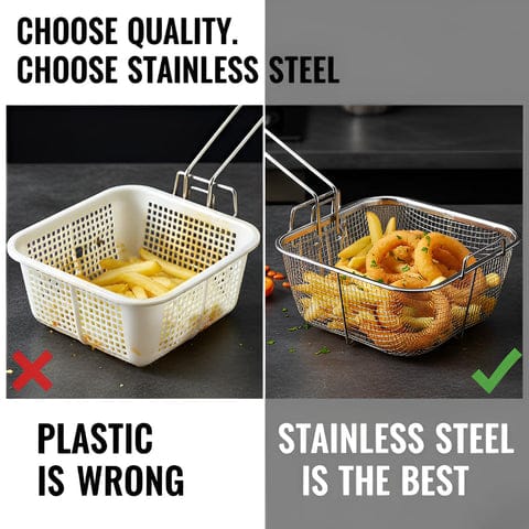 Stainless Steel Deep Fryer Basket with Long Handle for Safe Oil Draining &amp; Frying – Square Mesh Frying Strainer Basket for Kitchen, Home &amp; Commercial Use (Single Piece)