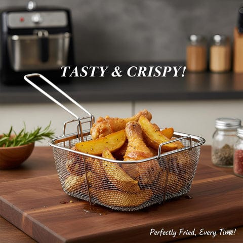 Stainless Steel Deep Fryer Basket with Long Handle for Safe Oil Draining &amp; Frying – Square Mesh Frying Strainer Basket for Kitchen, Home &amp; Commercial Use (Single Piece)