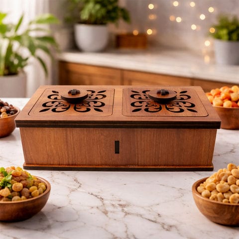 Premium 2 compartments wooden dry fruits box with craved lidsx