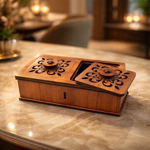 Premium 2 compartments wooden dry fruits box with craved lidsx