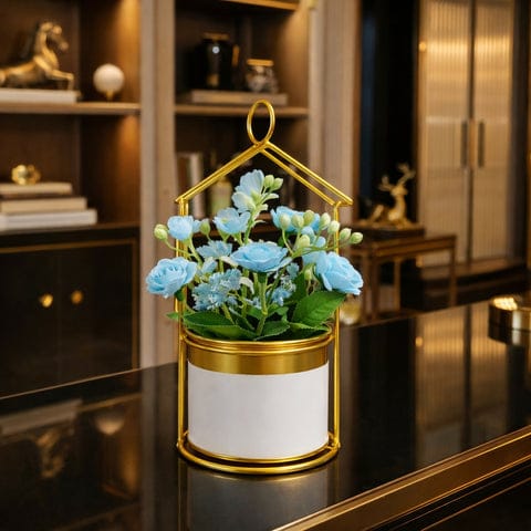 Gold house frame tableptop planter with decorative pot