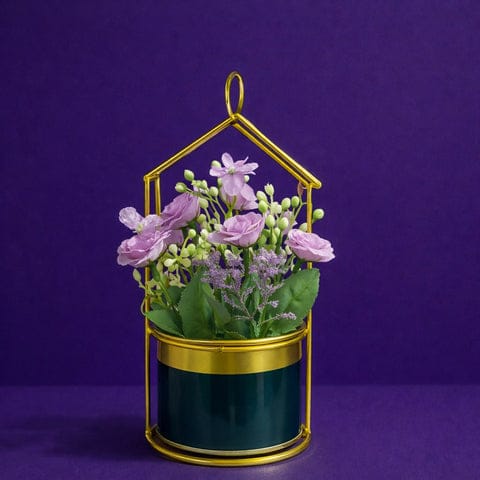 Gold house frame tableptop planter with decorative pot