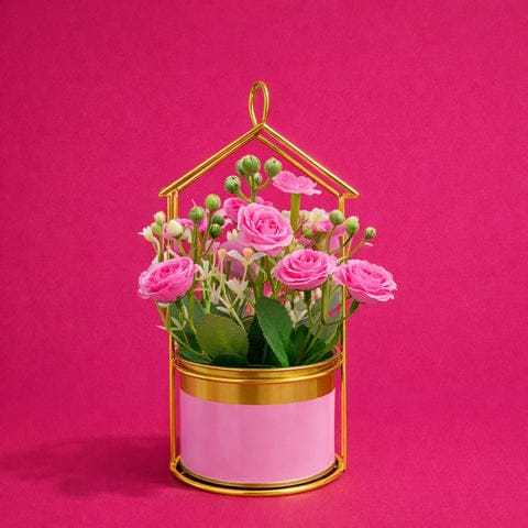 Gold house frame tableptop planter with decorative pot