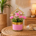 Gold house frame tableptop planter with decorative pot