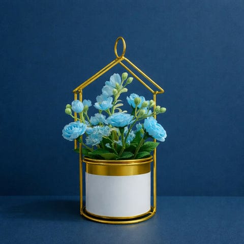 Gold house frame tableptop planter with decorative pot
