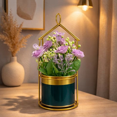 Gold house frame tableptop planter with decorative pot