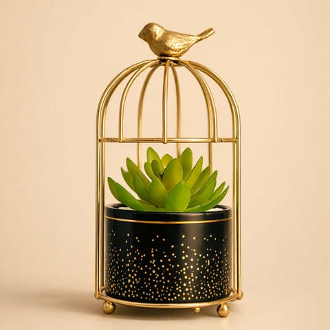 Golden bird cage tabaleptop planter with decorative pot
