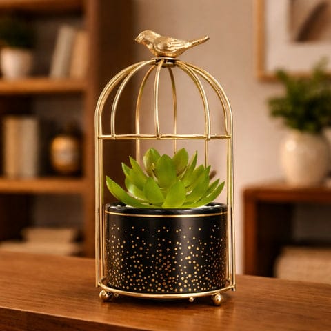 Golden bird cage tabaleptop planter with decorative pot