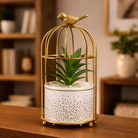 Golden bird cage tabaleptop planter with decorative pot