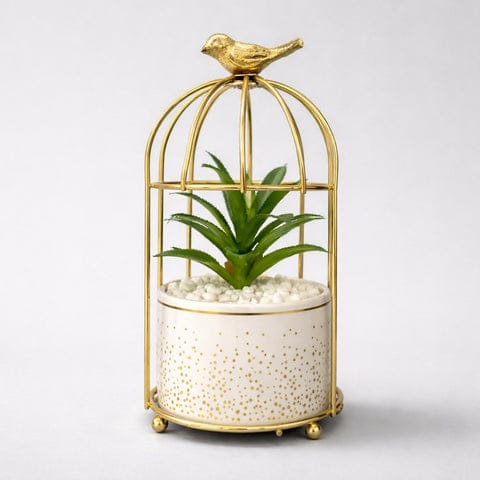 Golden bird cage tabaleptop planter with decorative pot