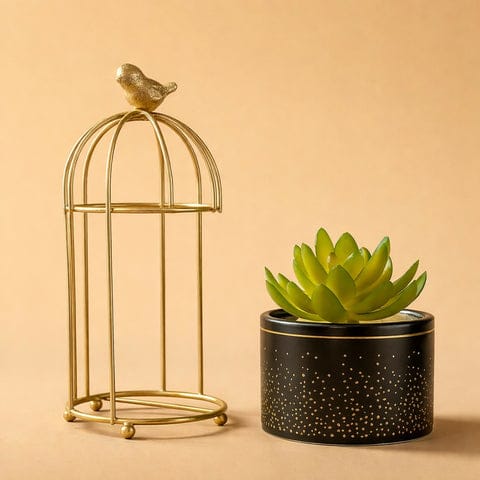 Golden bird cage tabaleptop planter with decorative pot